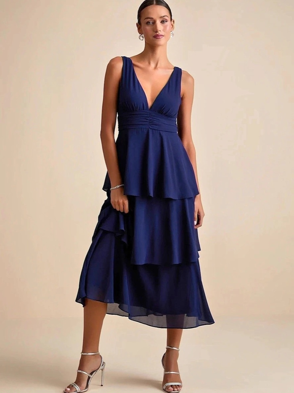 Lulus Celebration Time Navy Blue Sleeveless Tiered Midi Dress
